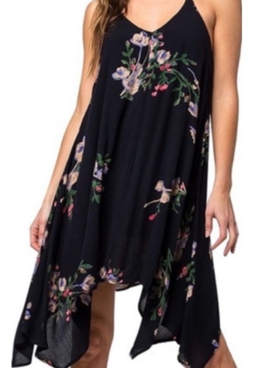 O'Neill Dresses & Skirts - O'Neill Black Floral Asymmetrical Slip Dress with Pink & Green Accents